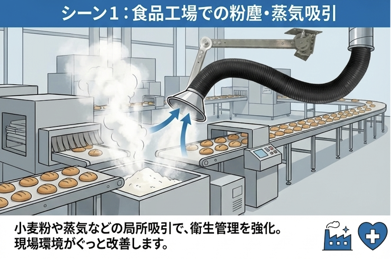 食品工場での粉塵・蒸気吸引シーン