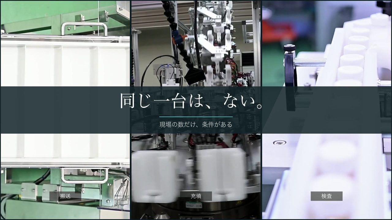 搬送・充填・検査の3つの現場を並べた動画の一場面。足す場所の高さも、隣の機械との距離も現場ごとに違う